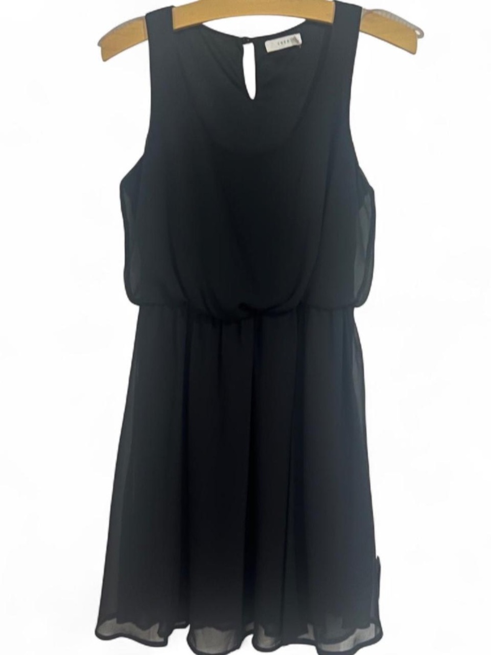 LUSH Sleeveless Black Dress with Cinched Waist and Layered Skirt - Size Small